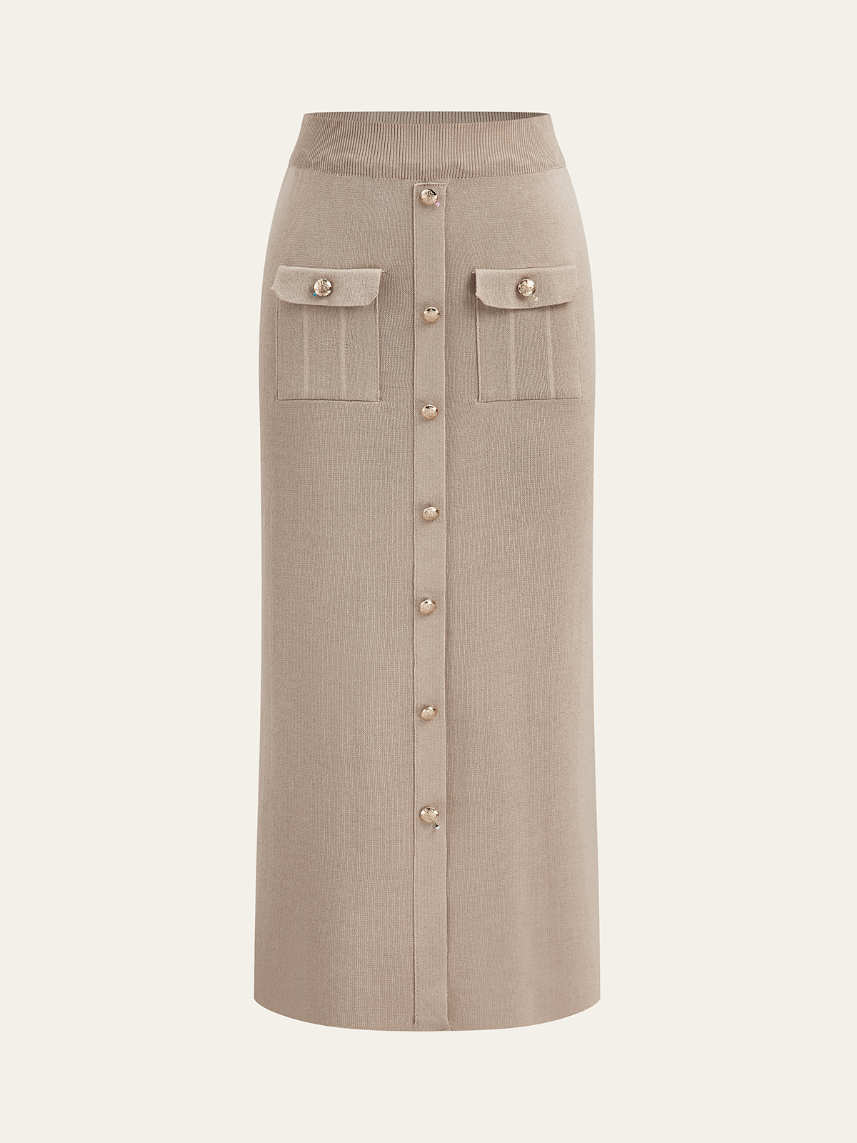 Chic Collared Cardigan and Midi Skirt Ensemble with Metal Accents