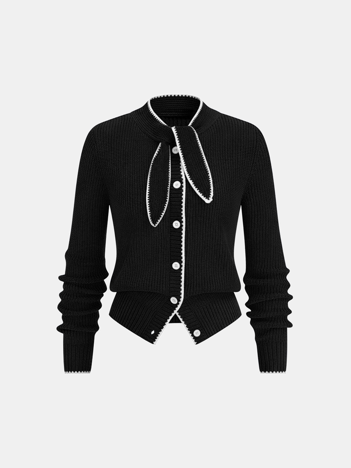 Wool Blend Cardigan with Tie Neck and Contrast Trim
