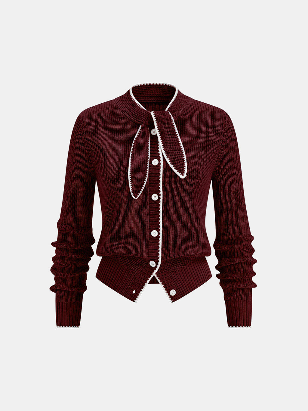 Wool Blend Cardigan with Tie Neck and Contrast Trim