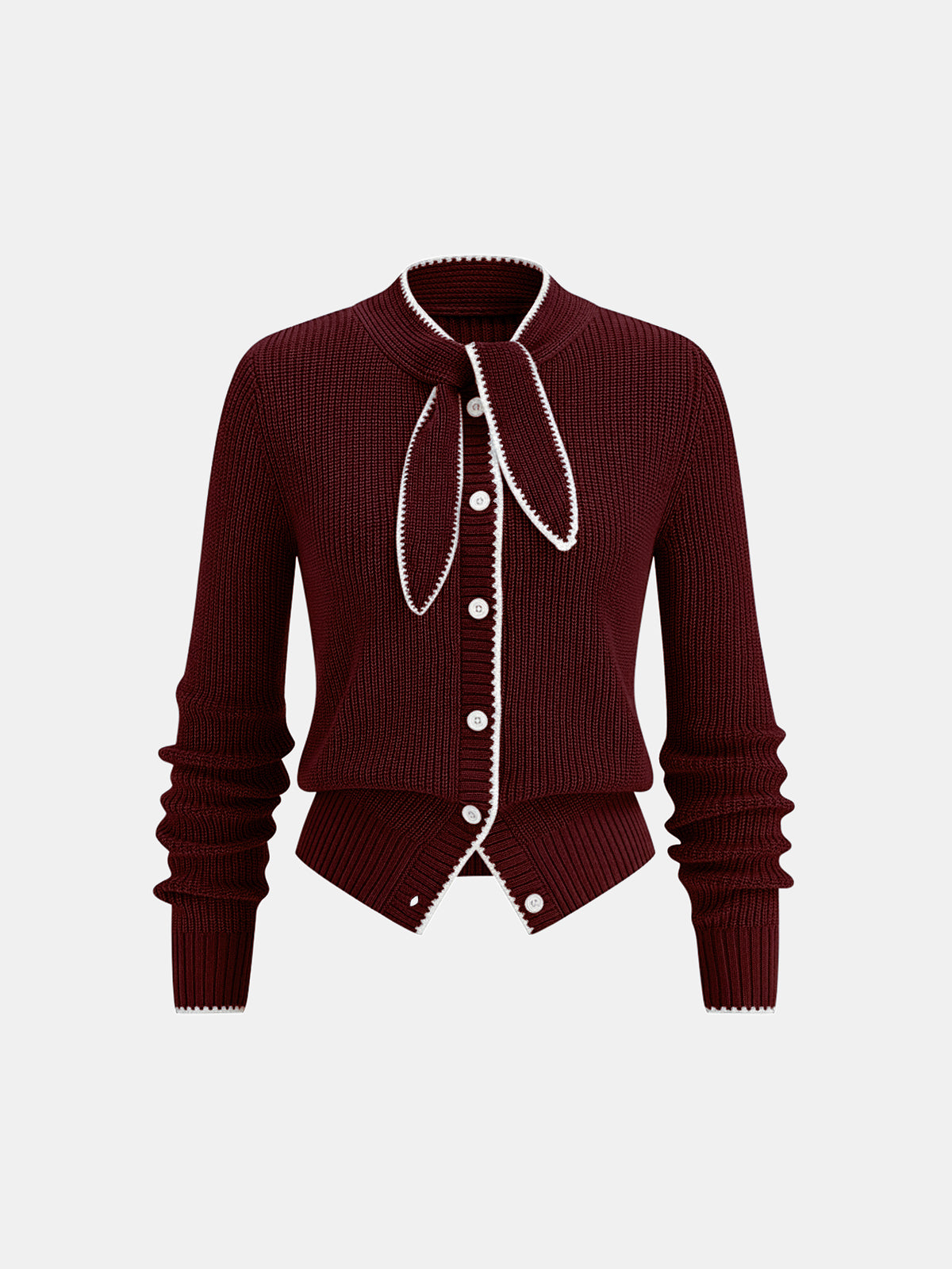 Wool Blend Cardigan with Tie Neck and Contrast Trim