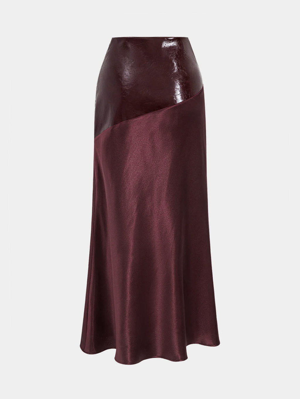 Asymmetric Satin Maxi Skirt with Faux Leather Panels