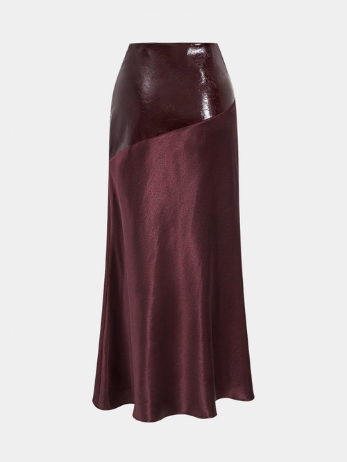 Asymmetric Satin Maxi Skirt with Faux Leather Panels