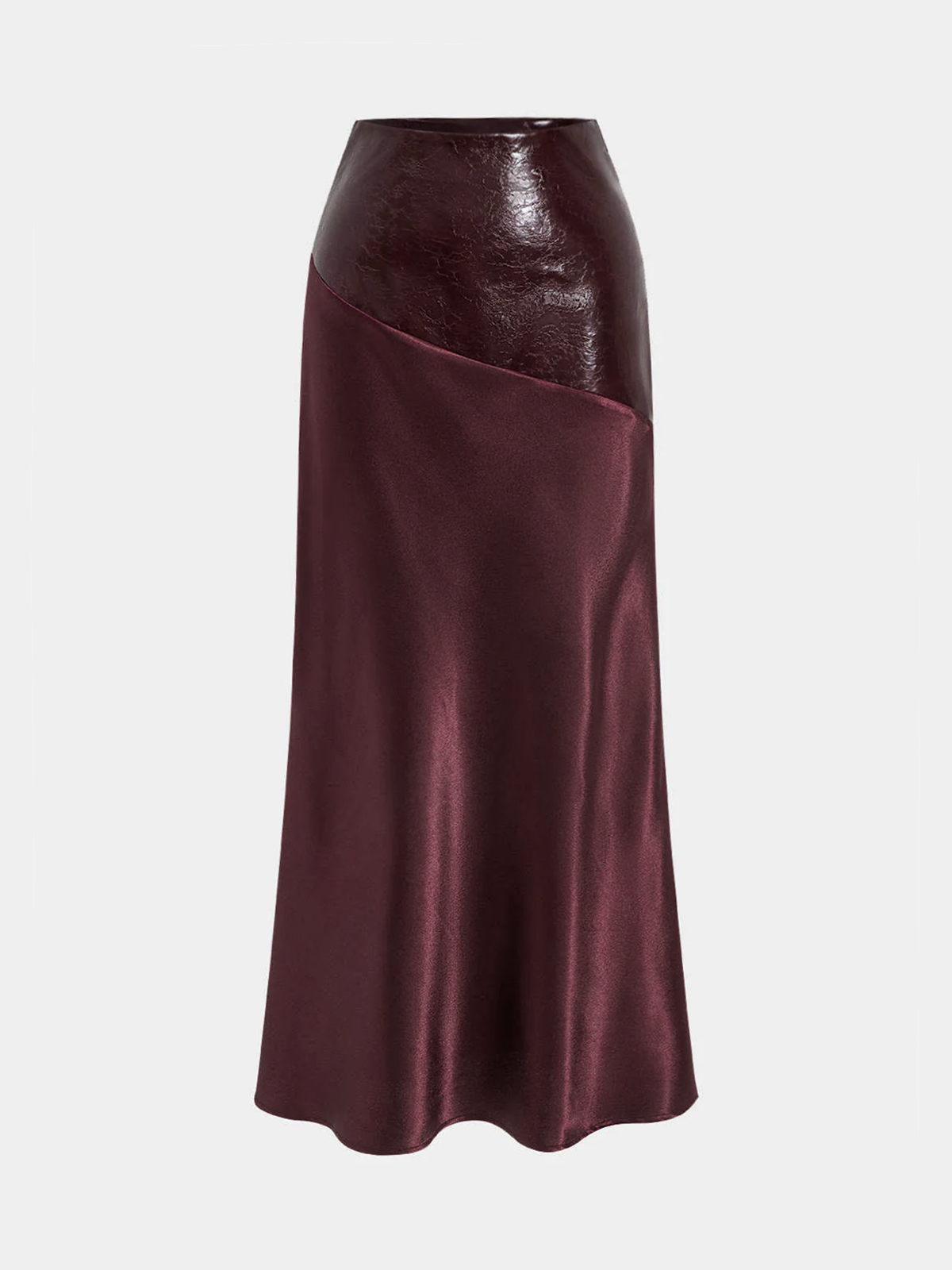 Asymmetric Satin Maxi Skirt with Faux Leather Panels