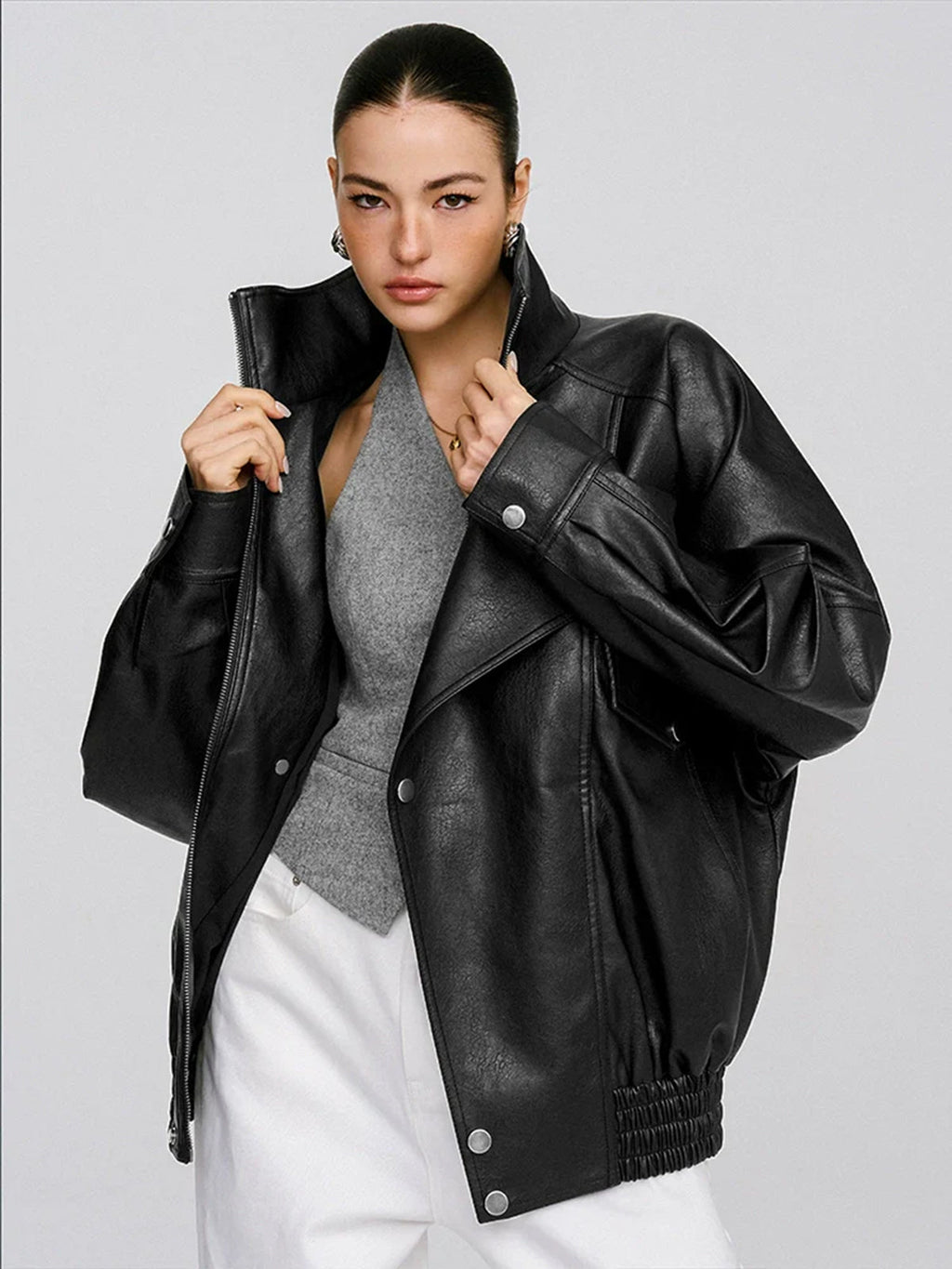 Oversized Collared Faux Leather Jacket