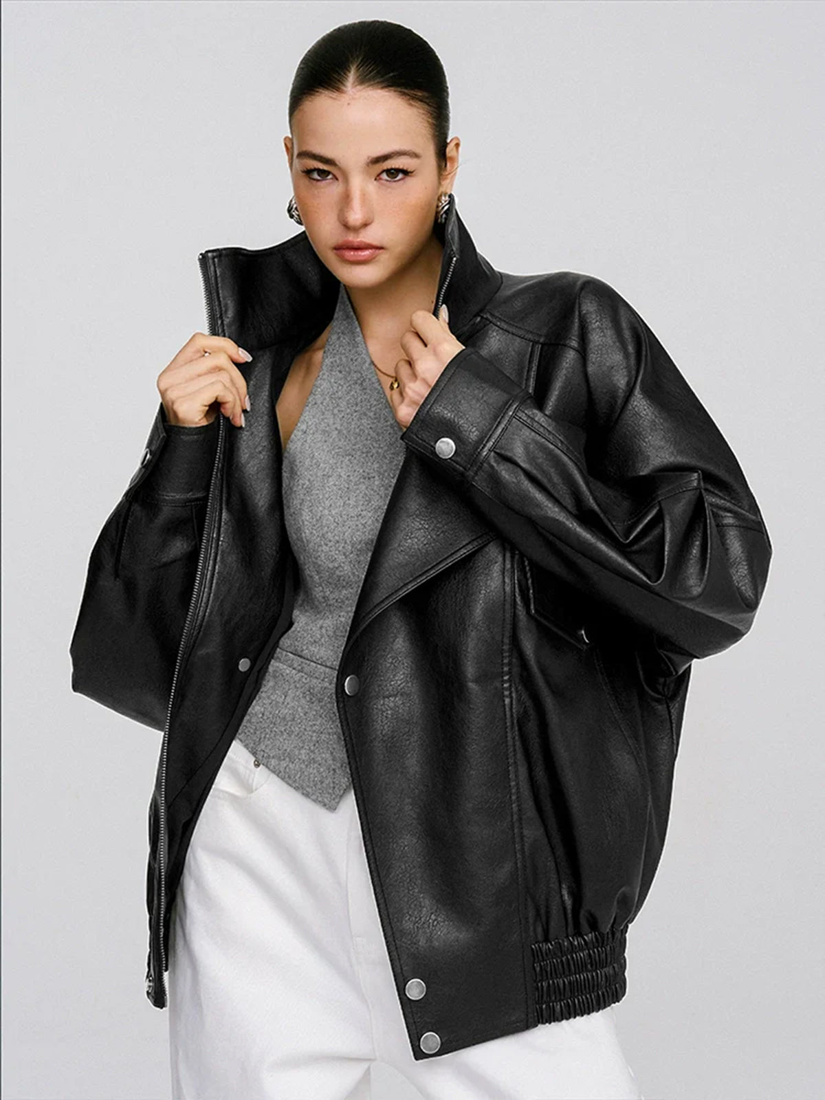 Oversized Collared Faux Leather Jacket
