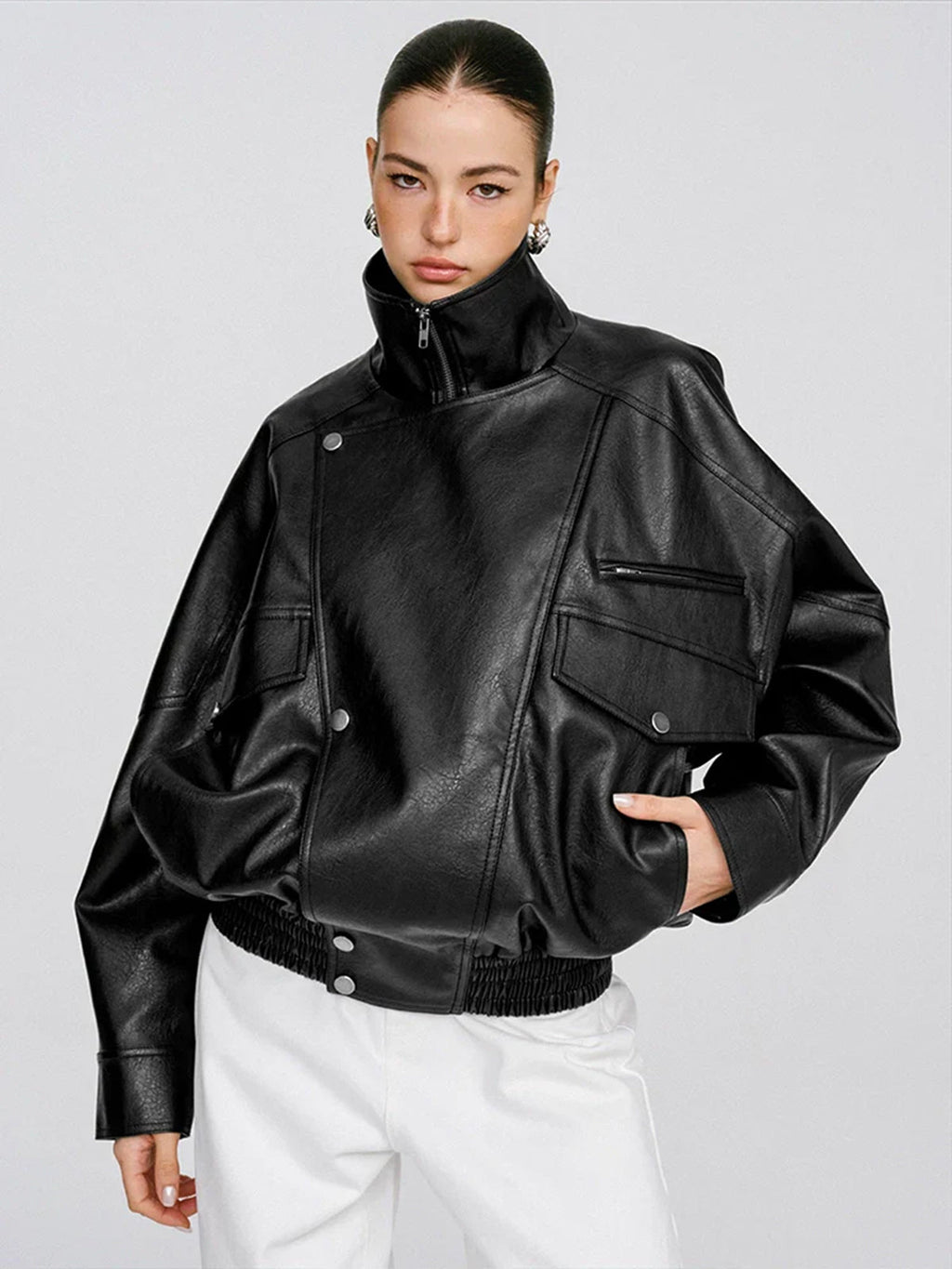 Oversized Collared Faux Leather Jacket