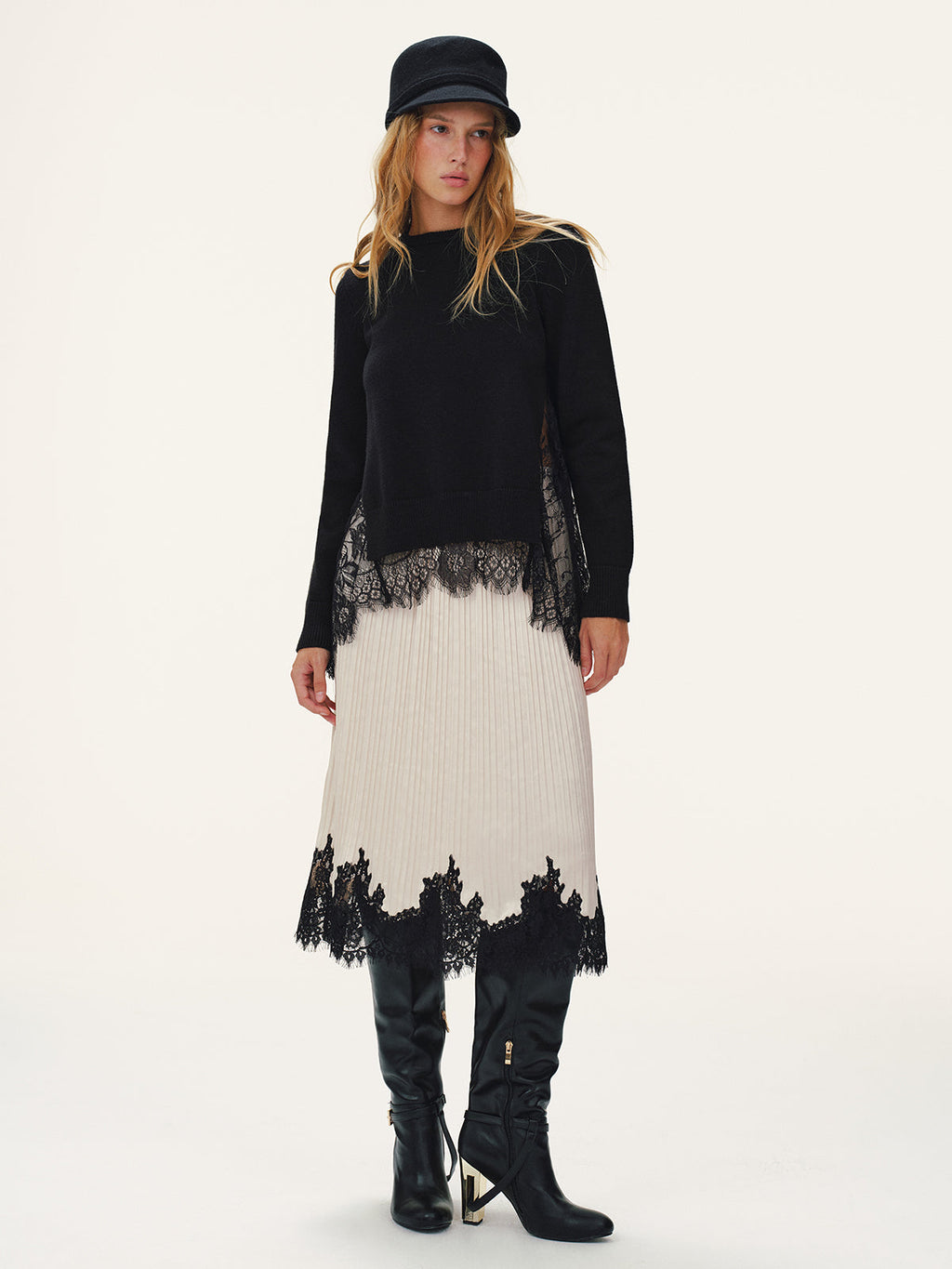 Pleated Midi Skirt with Delicate Lace Hem