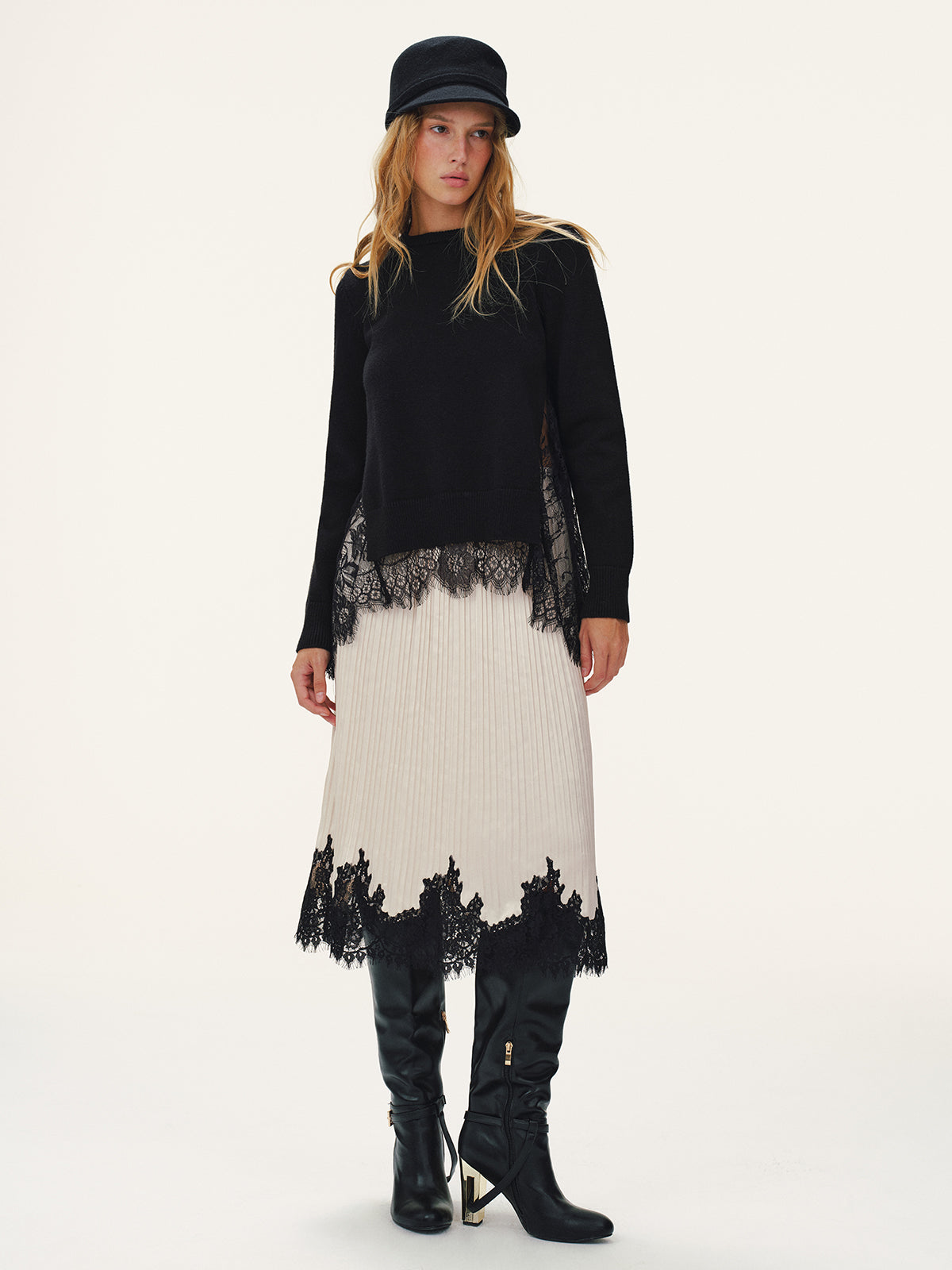Pleated Midi Skirt with Delicate Lace Hem