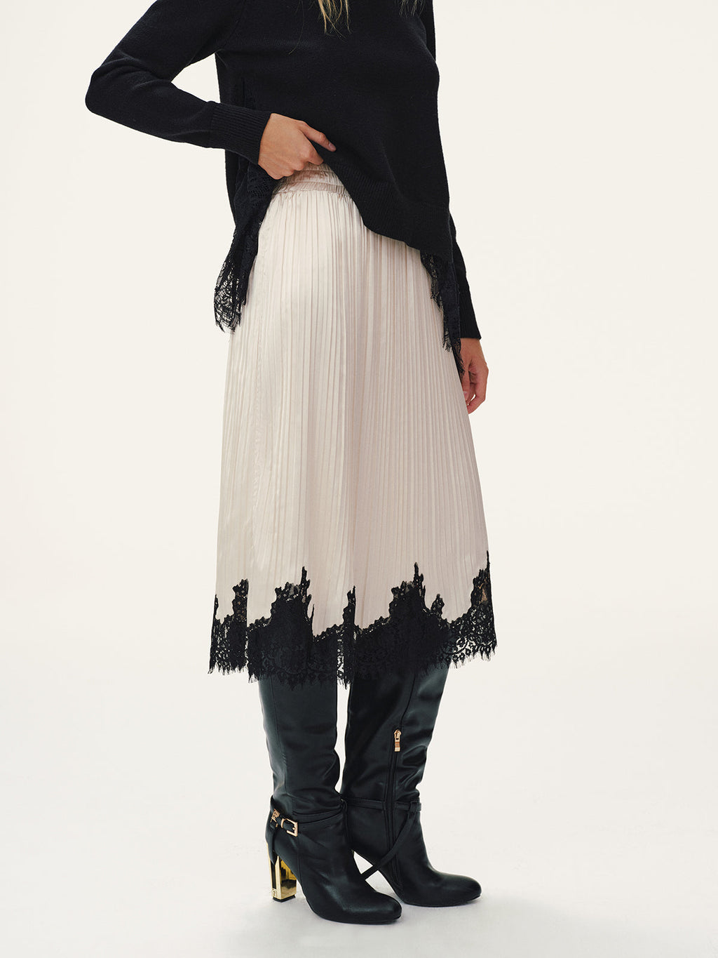 Pleated Midi Skirt with Delicate Lace Hem