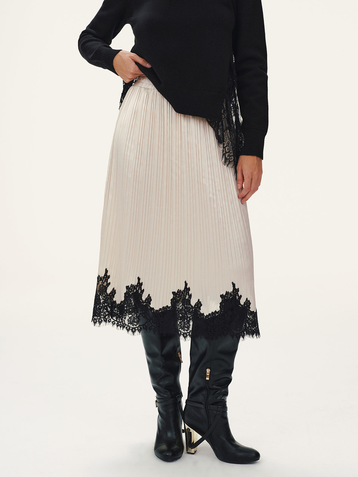 Pleated Midi Skirt with Delicate Lace Hem