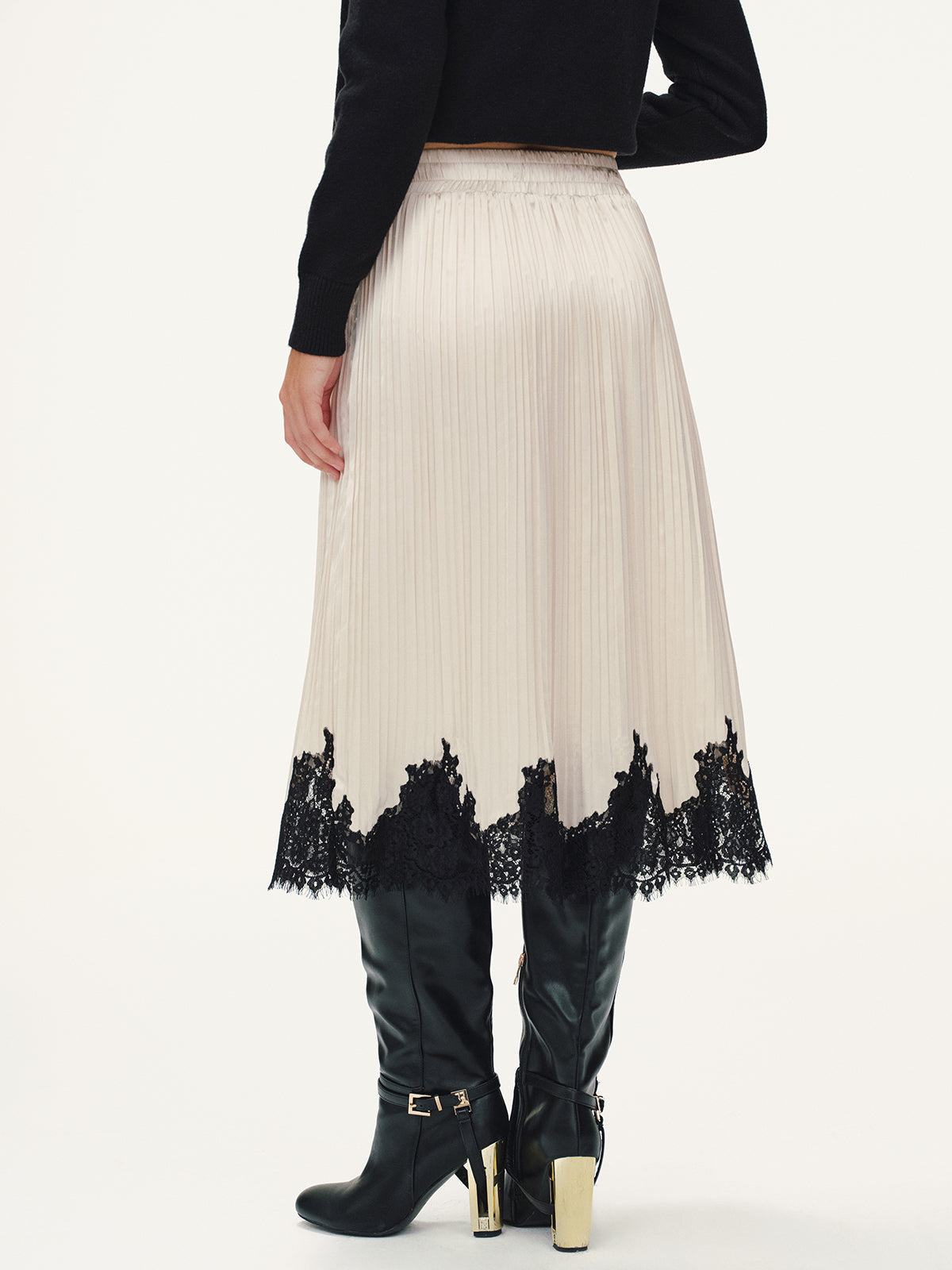 Pleated Midi Skirt with Delicate Lace Hem