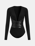 V-Neck Faux Leather Wrap Bodysuit with Defined Waist