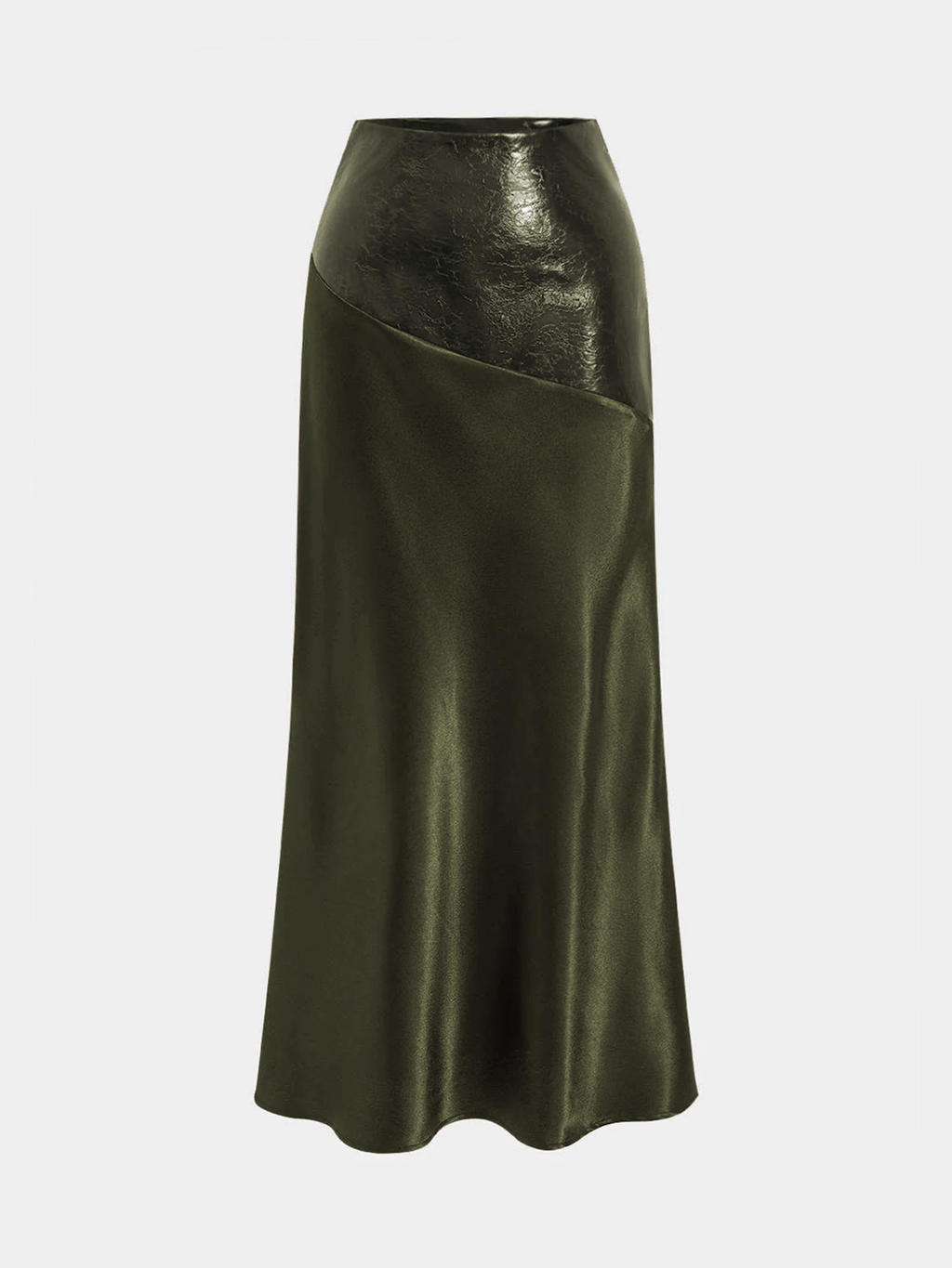 Asymmetric Satin Maxi Skirt with Faux Leather Panels