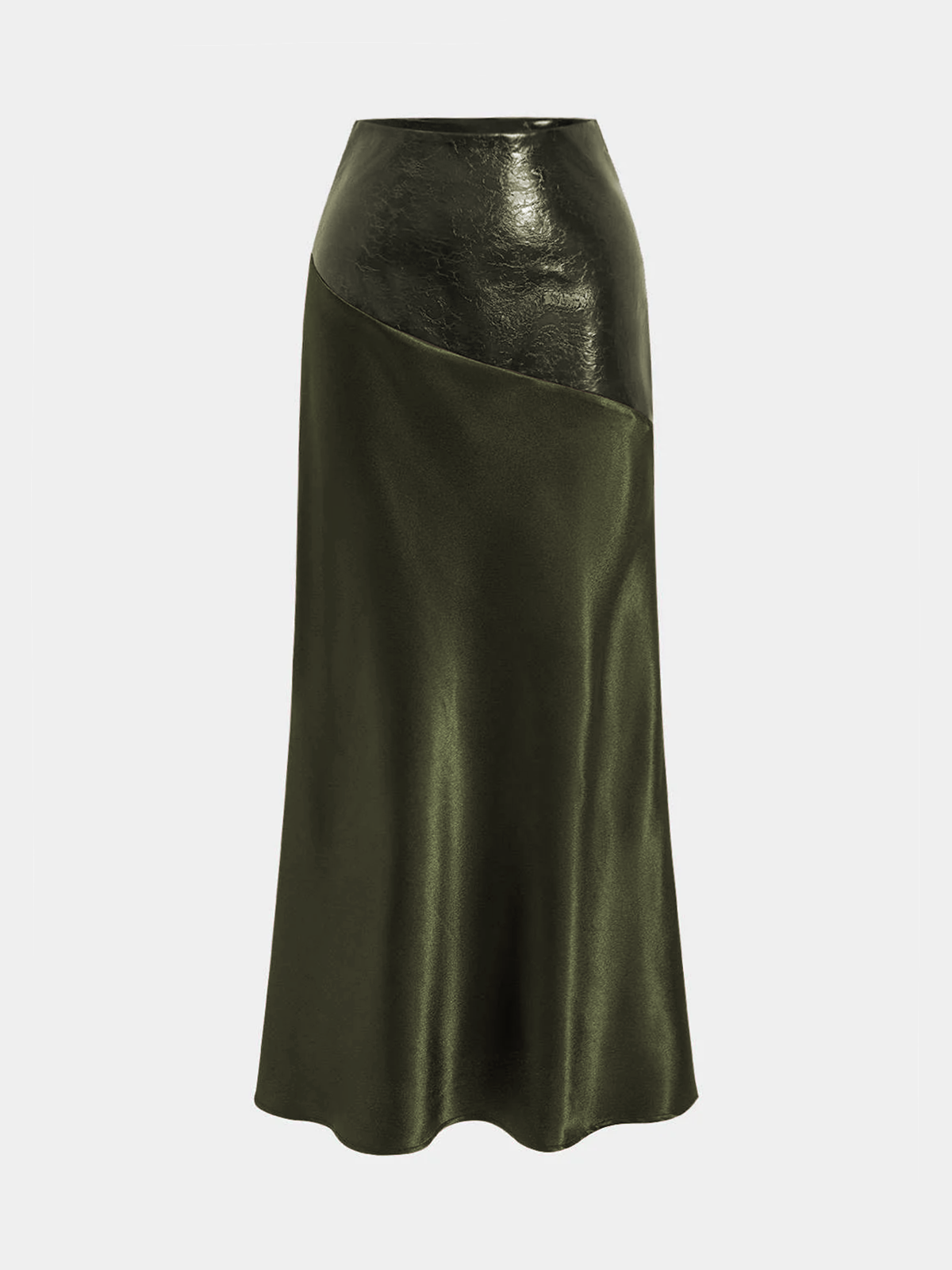 Asymmetric Satin Maxi Skirt with Faux Leather Panels