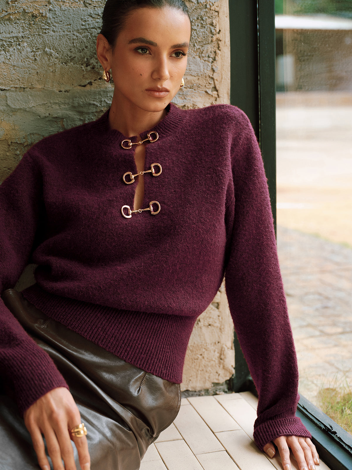 Long Sleeve Sweater with Horsebit Accents
