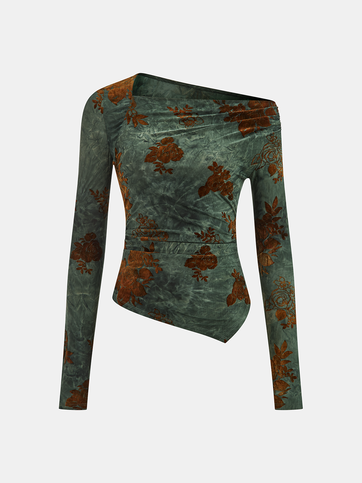 Asymmetrical Floral Ruffle Long Sleeve Blouse
