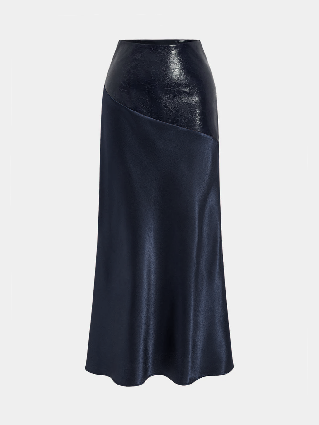 Asymmetric Satin Maxi Skirt with Faux Leather Panels