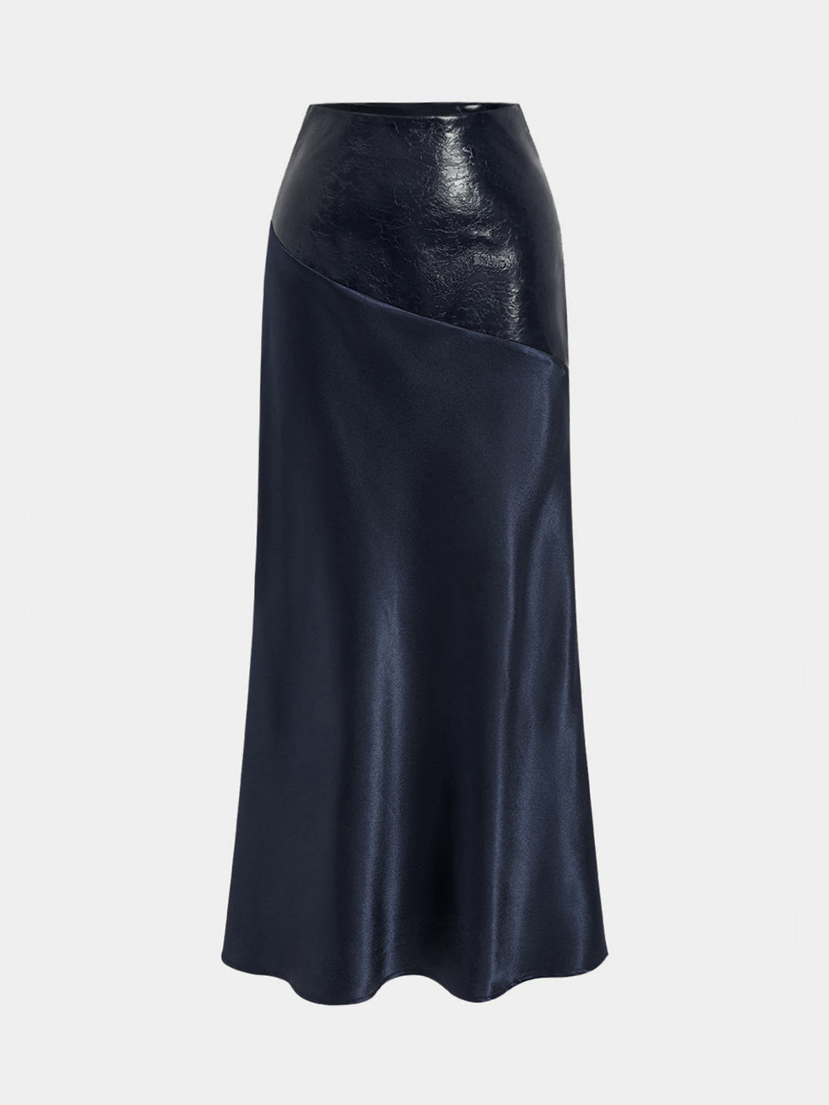 Asymmetric Satin Maxi Skirt with Faux Leather Panels