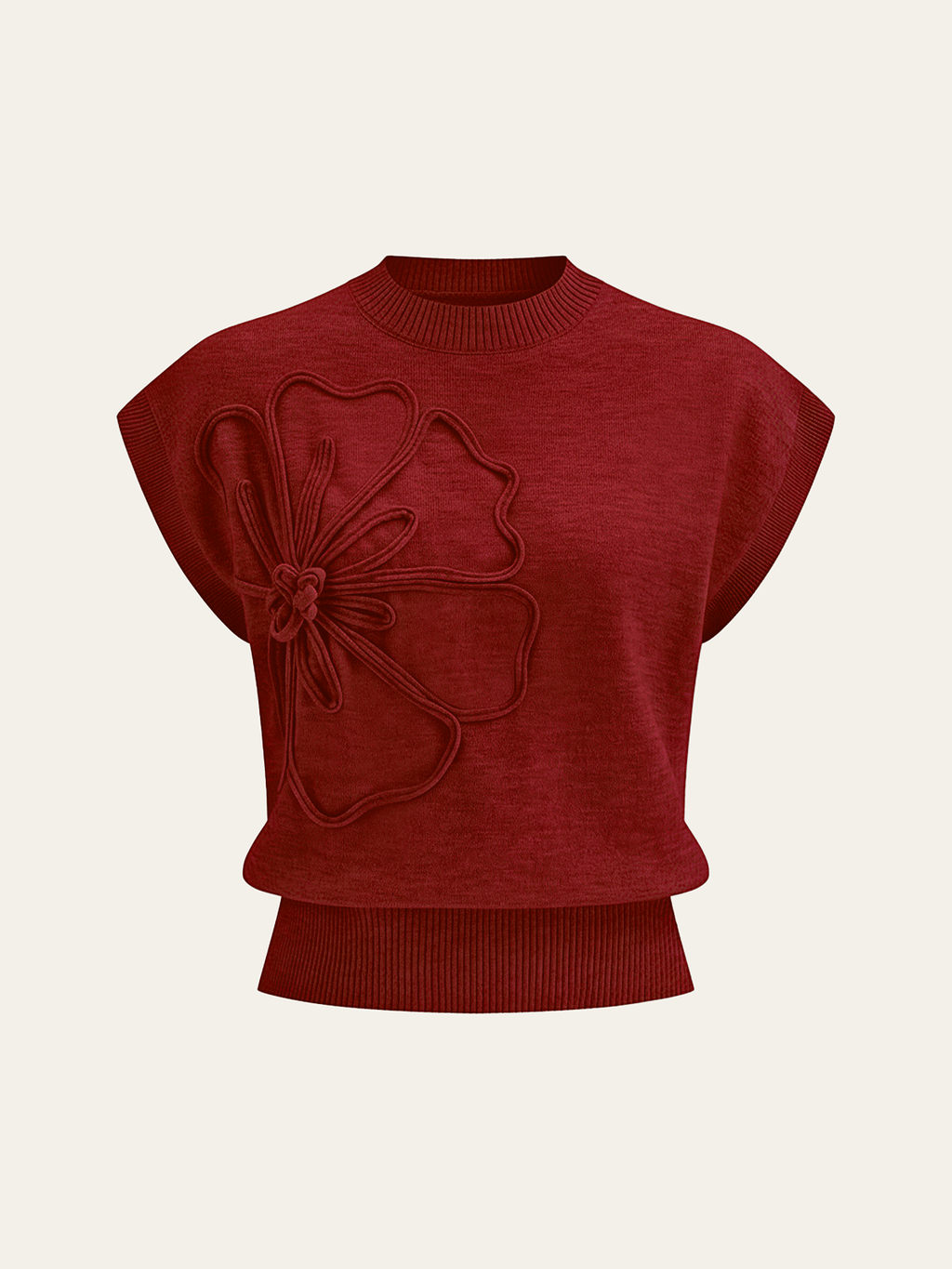 Floral Appliqué Cap Sleeve Knit Tee