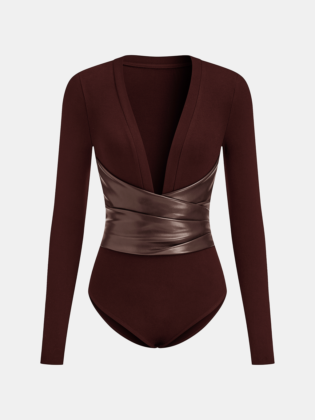 V-Neck Faux Leather Wrap Bodysuit with Defined Waist