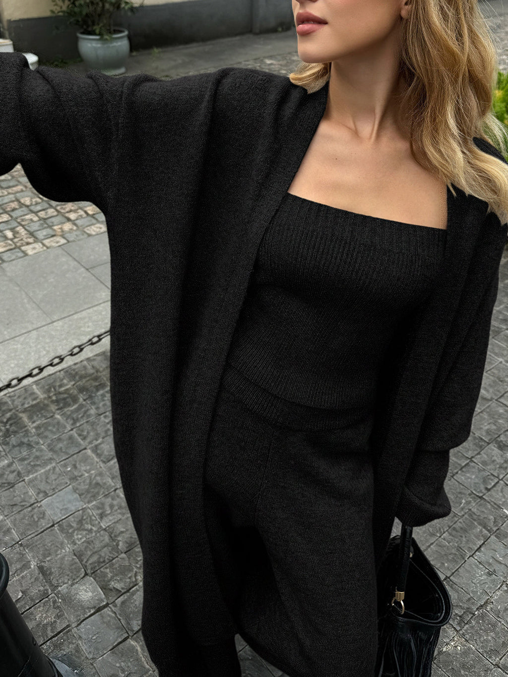 Chic Three-Piece Knit Cardigan and Bustier Ensemble with Pants