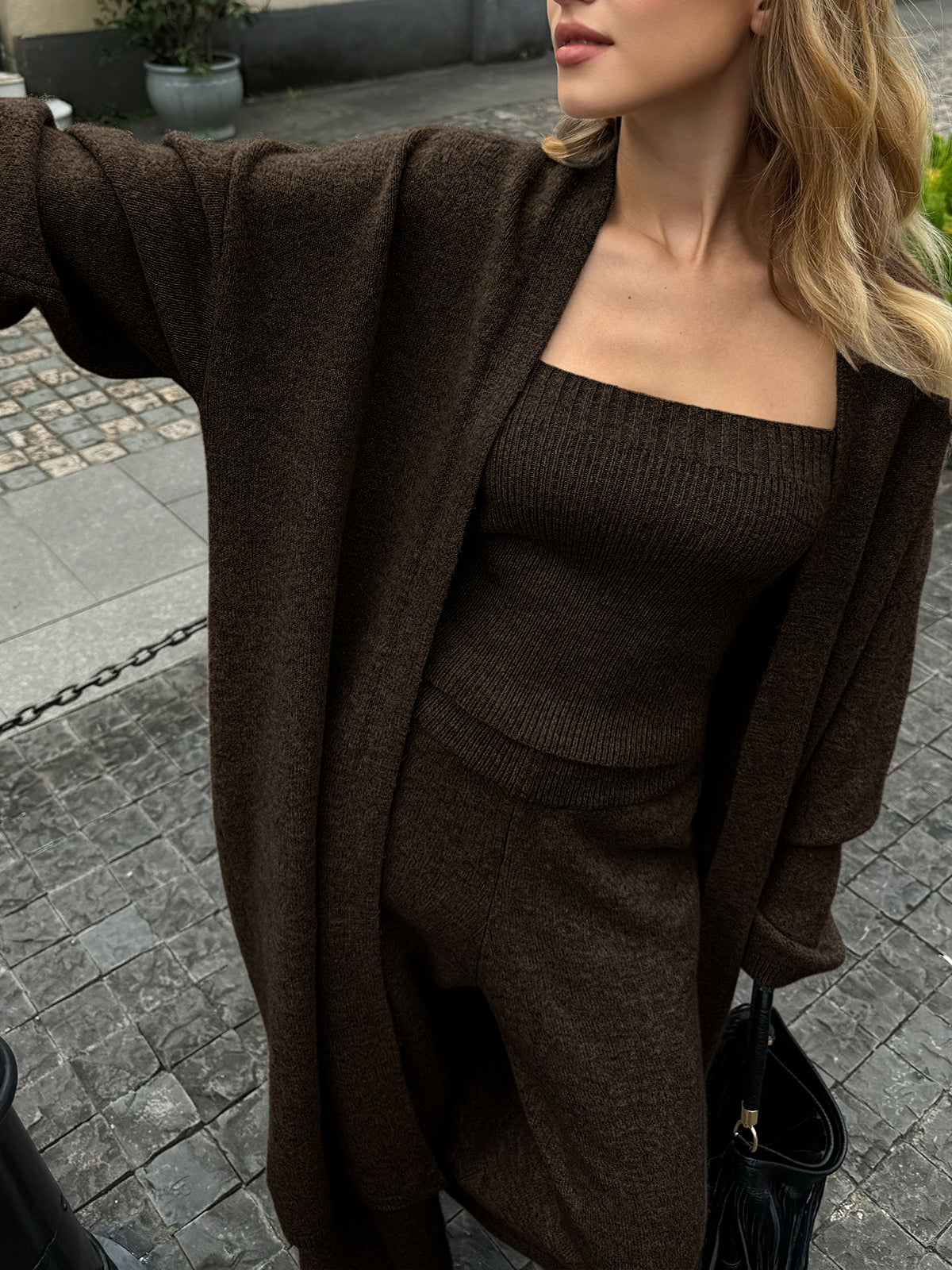 Chic Three-Piece Knit Cardigan and Bustier Ensemble with Pants