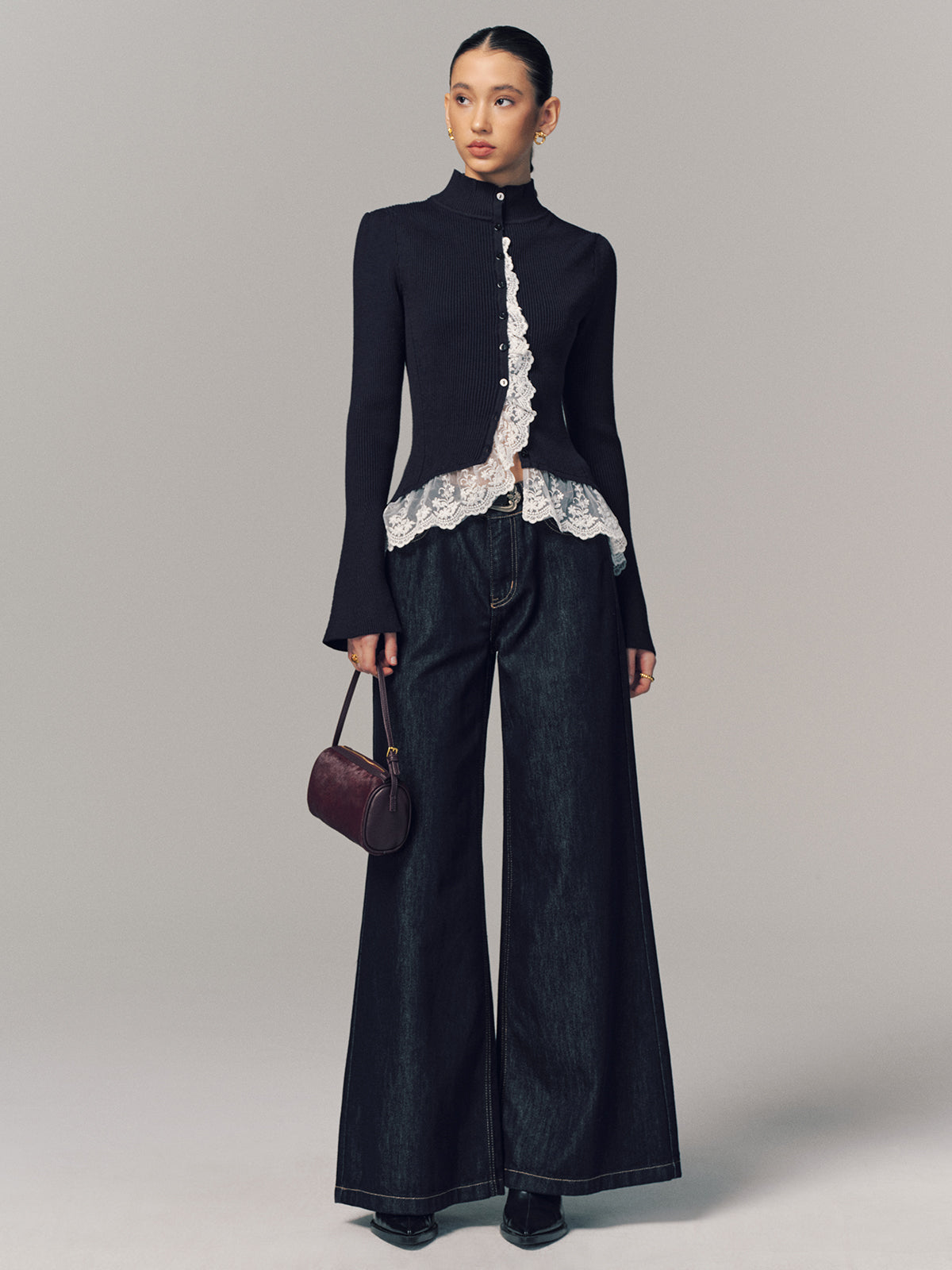 Lace-Trimmed Ribbed Mock Neck Cardigan