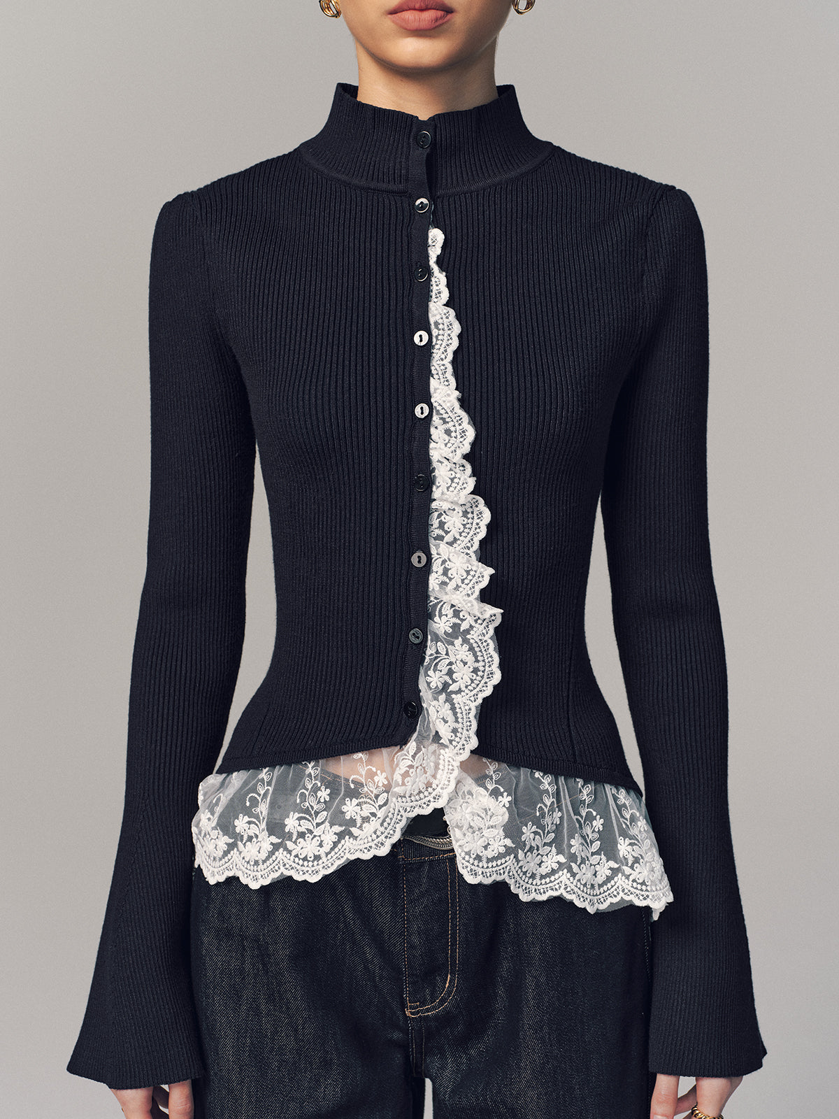 Lace-Trimmed Ribbed Mock Neck Cardigan