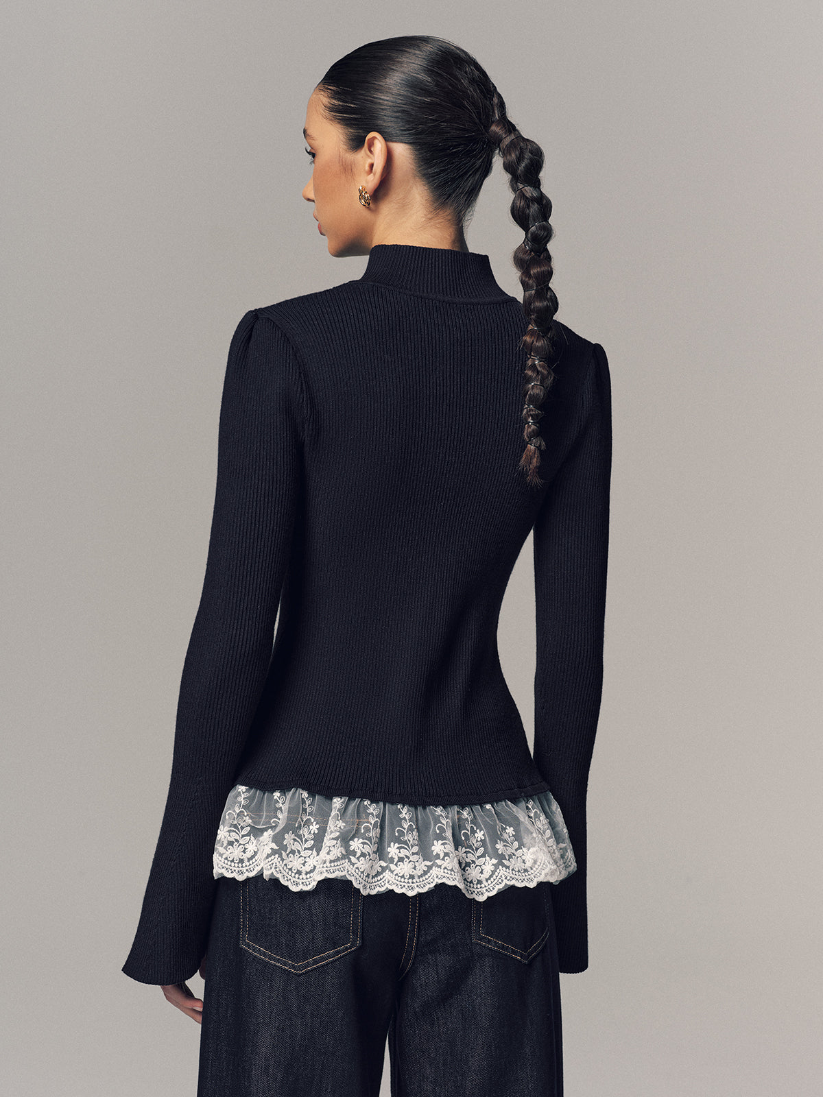 Lace-Trimmed Ribbed Mock Neck Cardigan