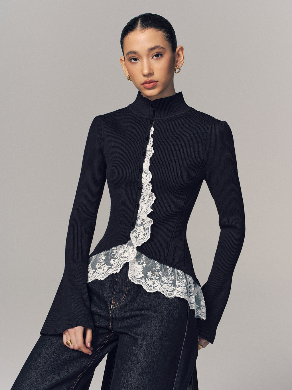 Lace-Trimmed Ribbed Mock Neck Cardigan