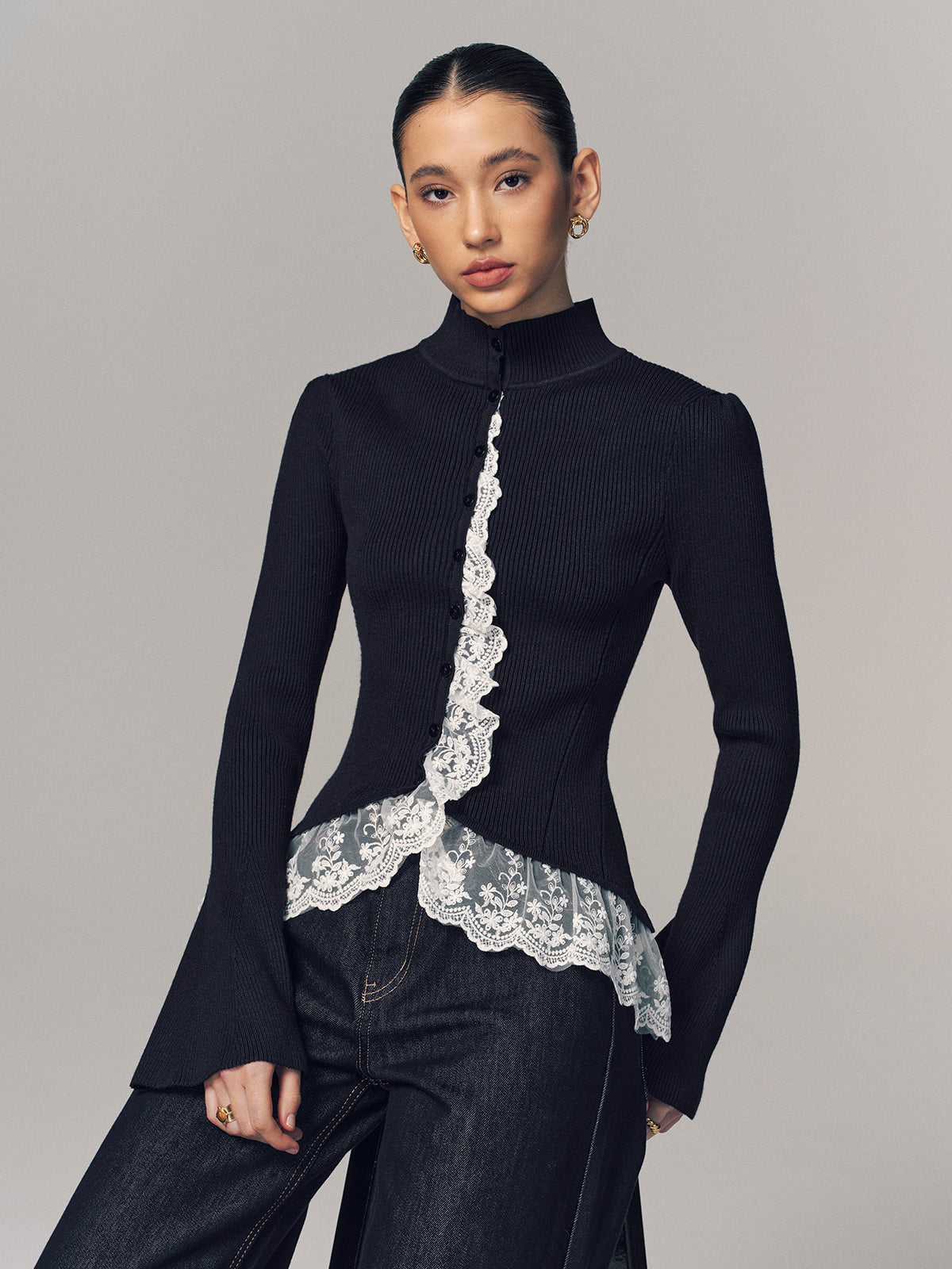 Lace-Trimmed Ribbed Mock Neck Cardigan