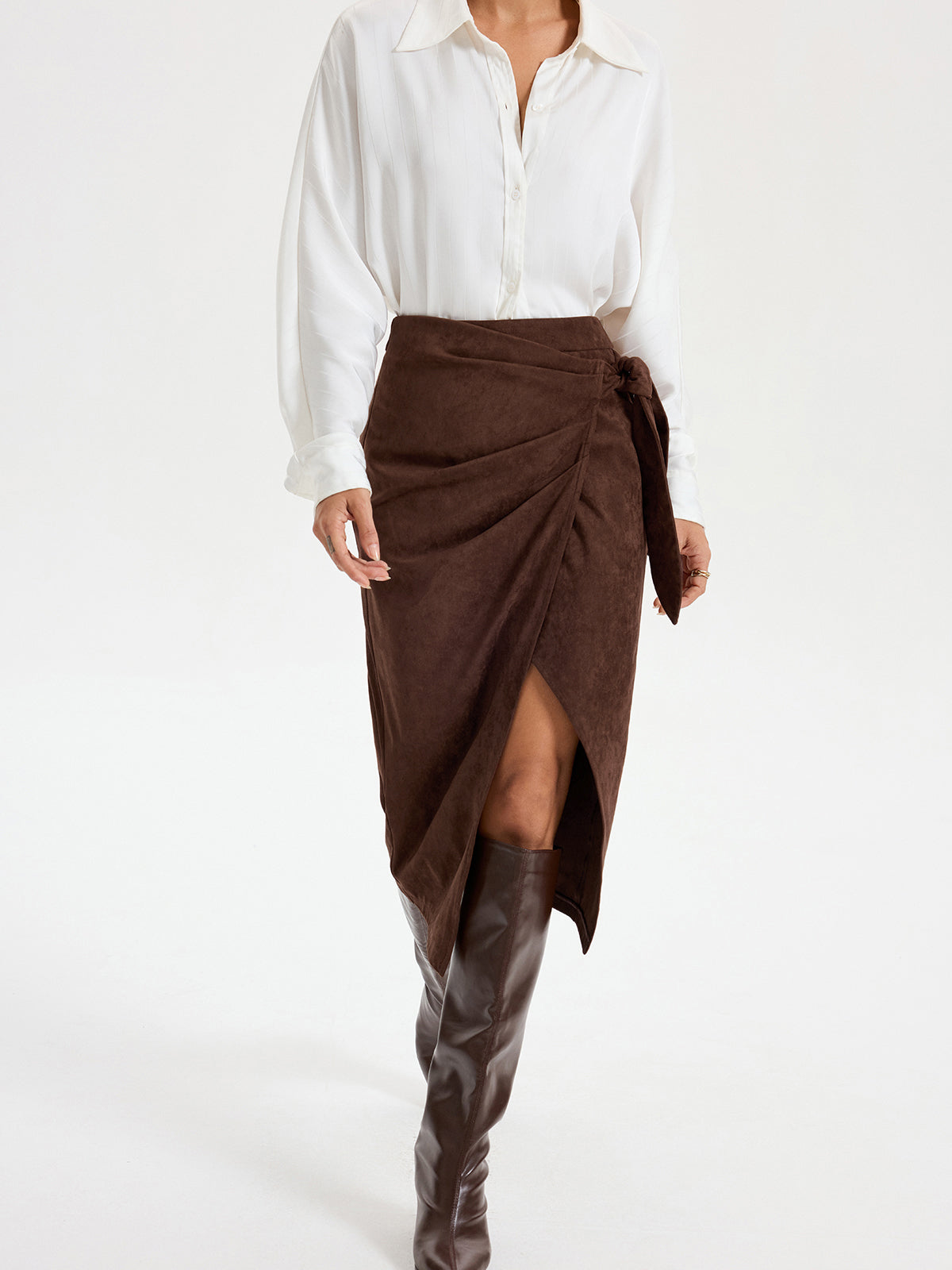 Suede Effect Midi Skirt with Tie Knot Detail
