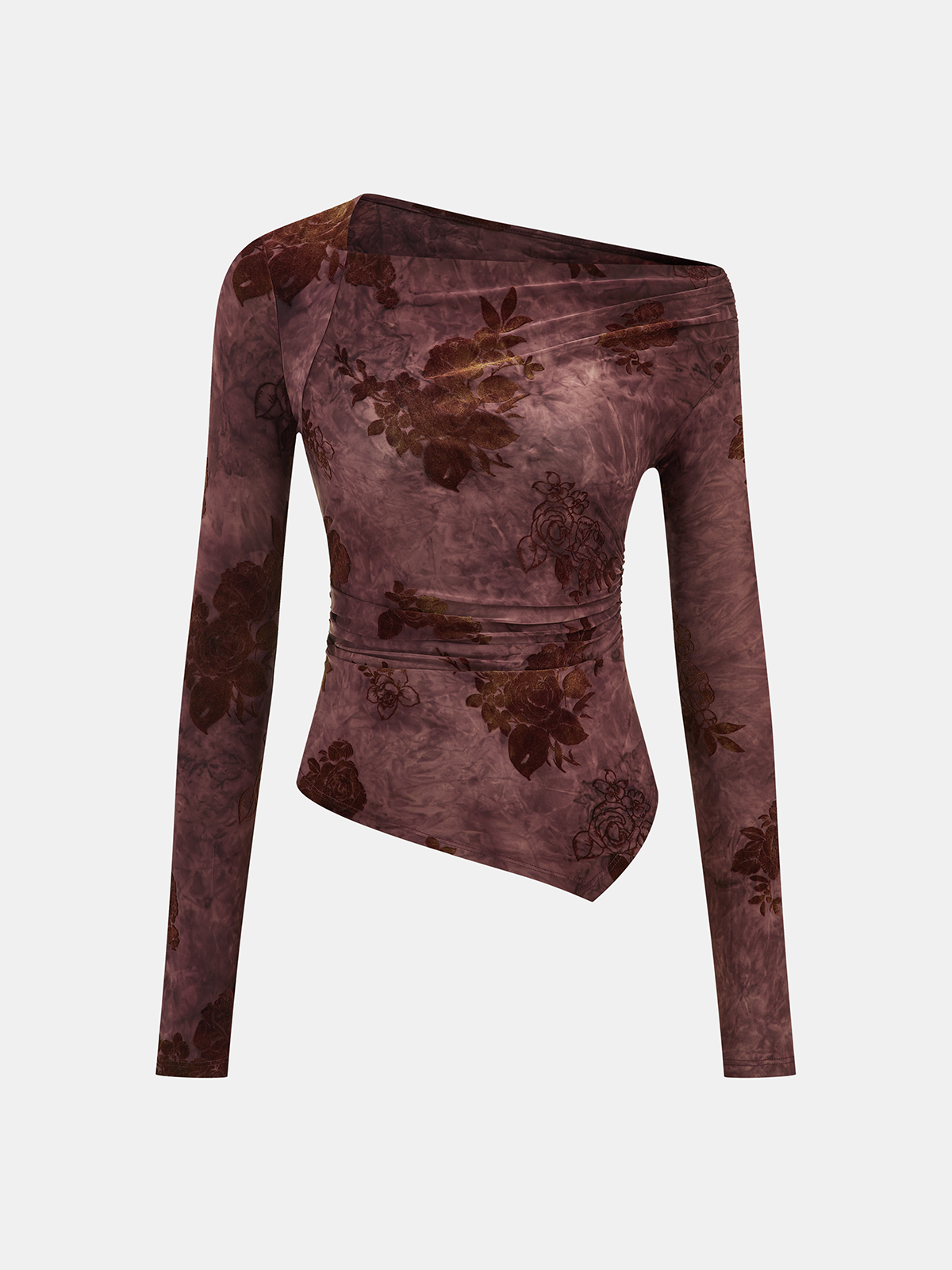 Asymmetrical Floral Ruffle Long Sleeve Blouse
