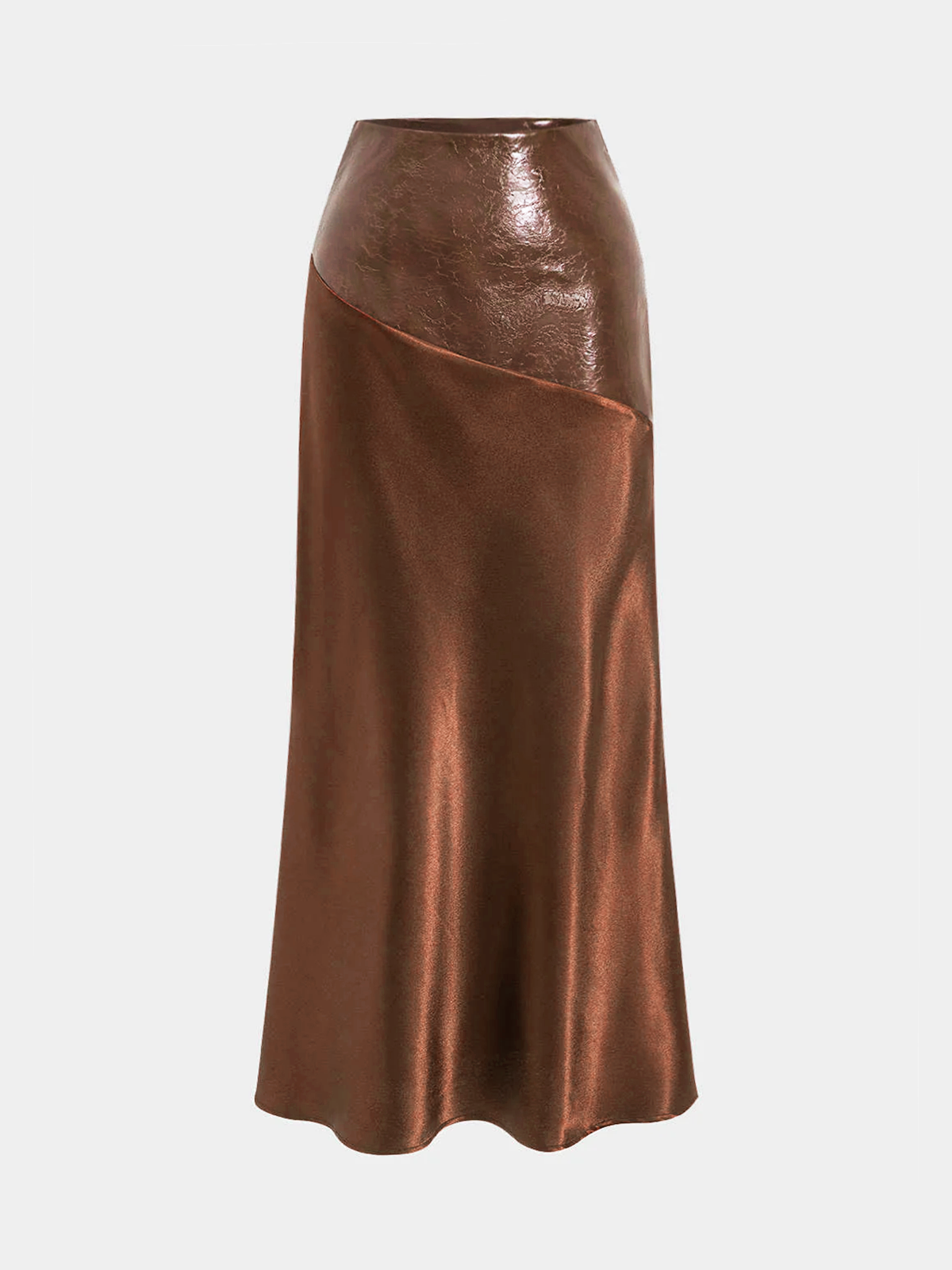 Asymmetric Satin Maxi Skirt with Faux Leather Panels