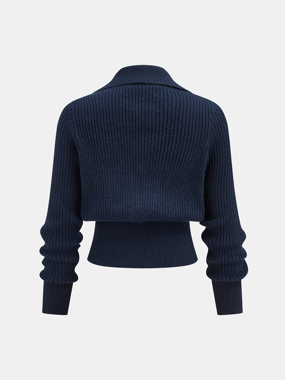 Ribbed Cropped Sweater with Collared Neckline and Metal Buckle Detail