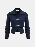 Ribbed Cropped Sweater with Collared Neckline and Metal Buckle Detail
