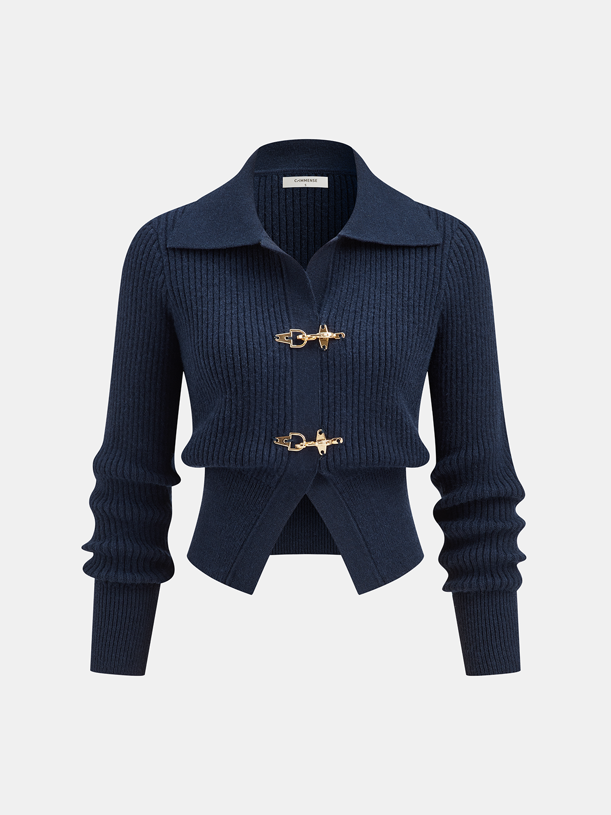 Ribbed Cropped Sweater with Collared Neckline and Metal Buckle Detail