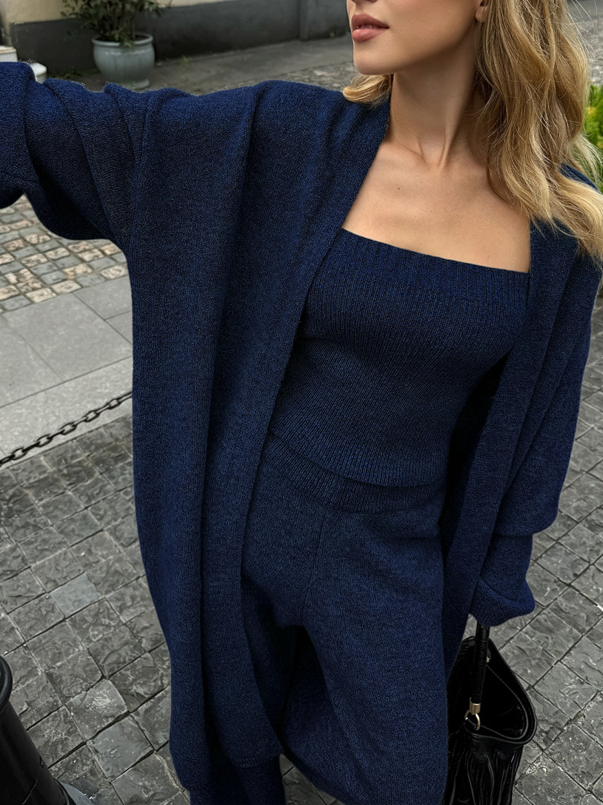 Chic Three-Piece Knit Cardigan and Bustier Ensemble with Pants