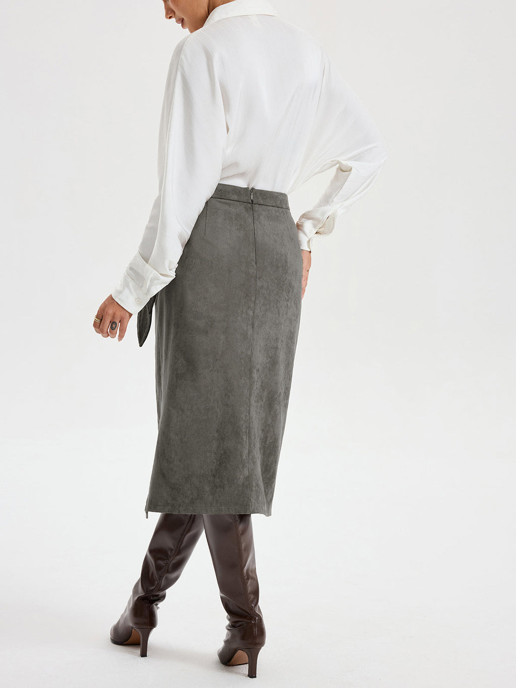 Suede Effect Midi Skirt with Tie Knot Detail