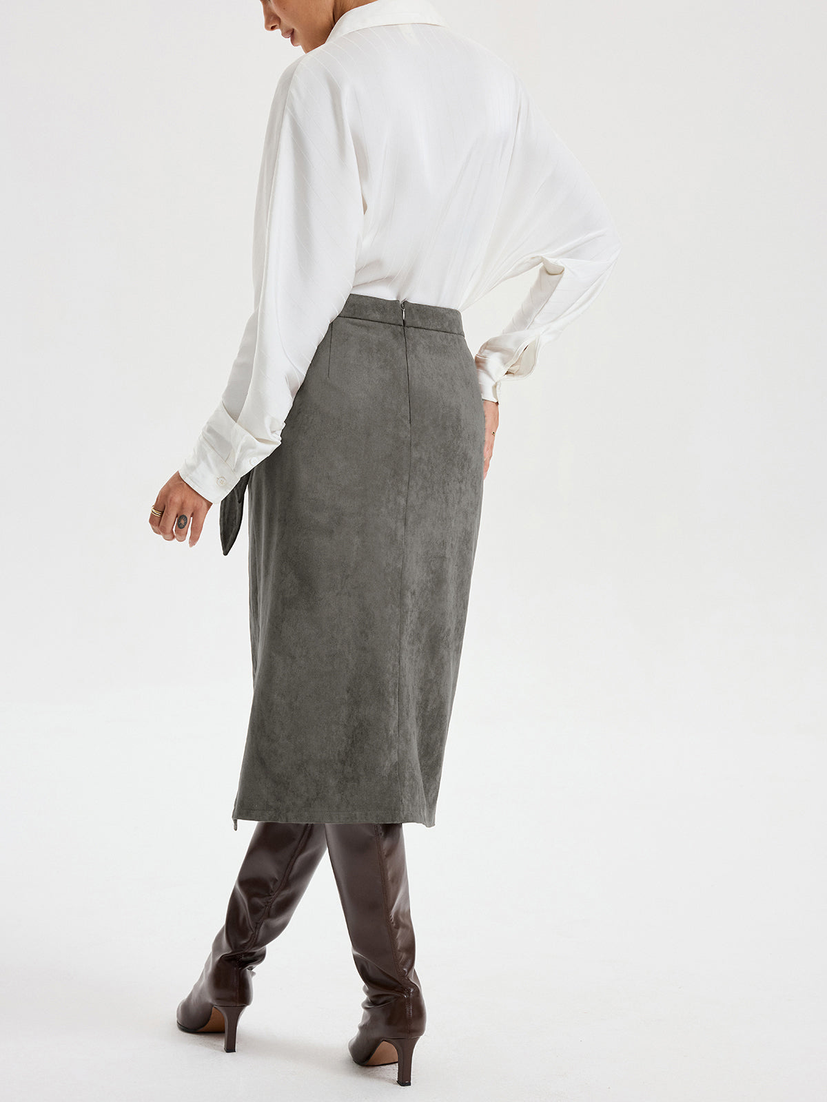 Suede Effect Midi Skirt with Tie Knot Detail