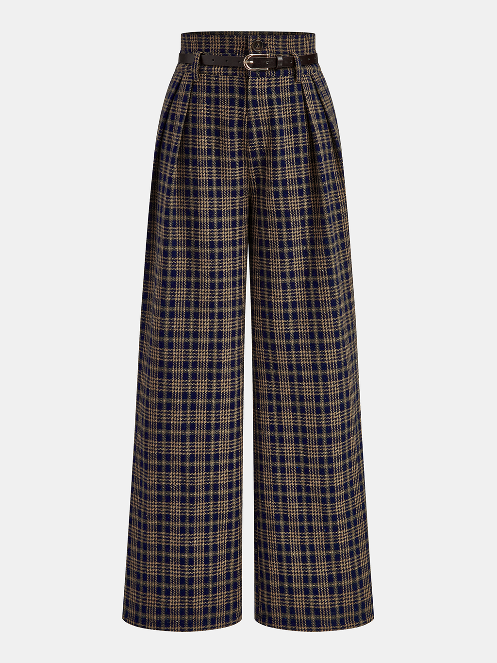 Tailored High-Waisted Plaid Trousers with Belt