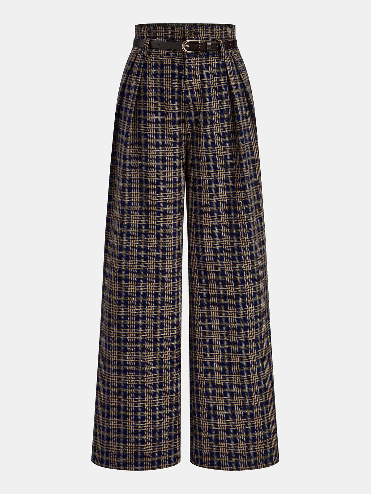 Tailored High-Waisted Plaid Trousers with Belt