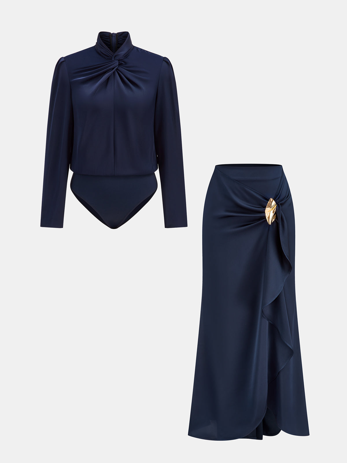 Twisted Satin Bodysuit with Ruffled Maxi Skirt Ensemble
