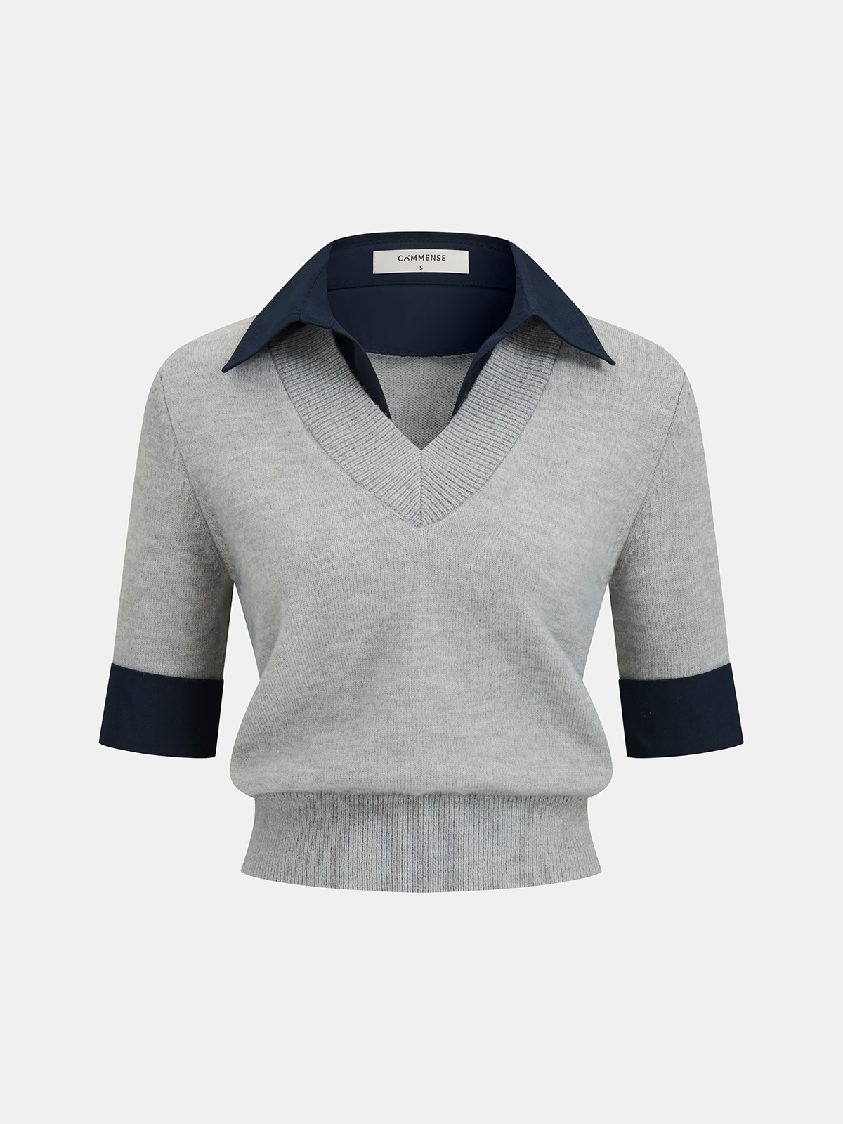 Elbow Sleeve Knit Top with Contrast Collar