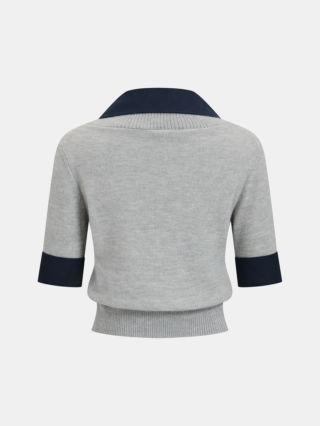 Elbow Sleeve Knit Top with Contrast Collar