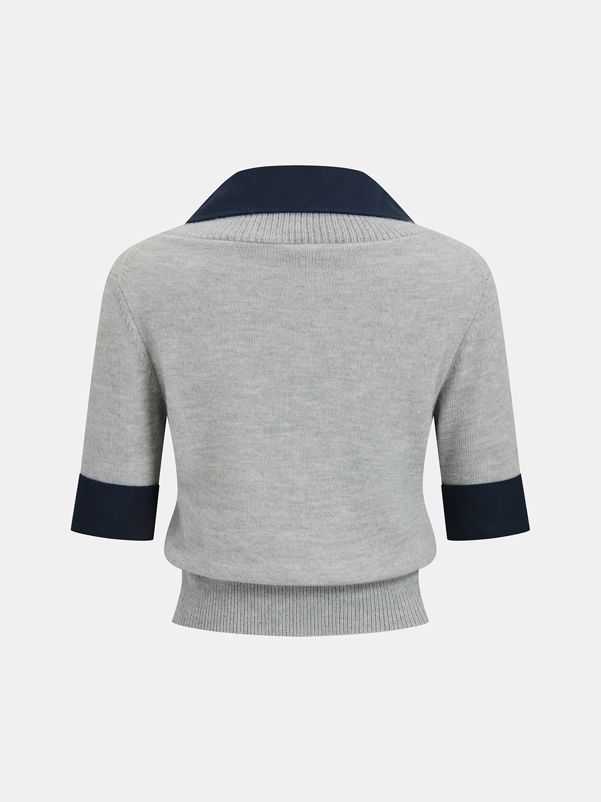 Elbow Sleeve Knit Top with Contrast Collar