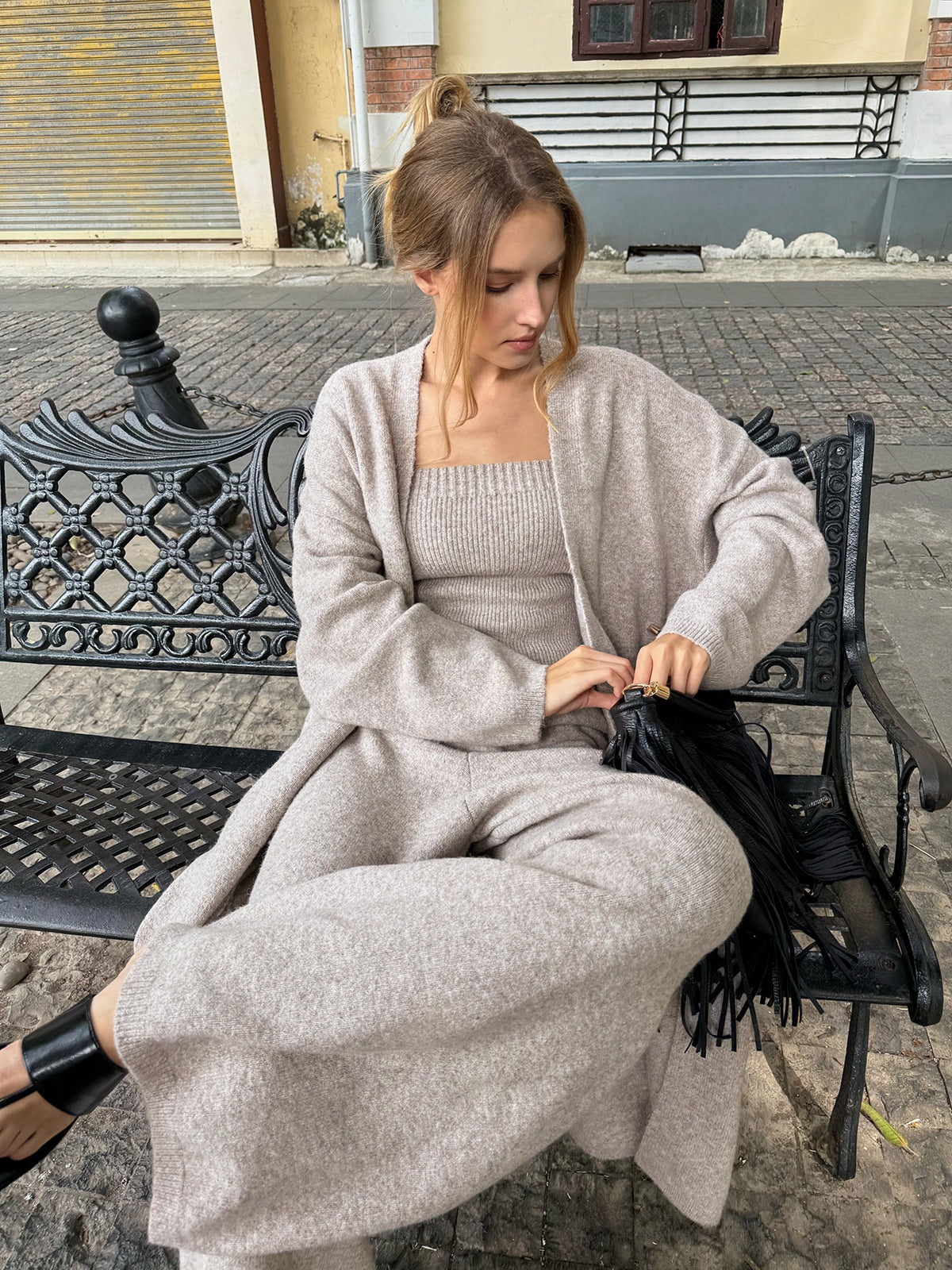 Chic Three-Piece Knit Cardigan and Bustier Ensemble with Pants
