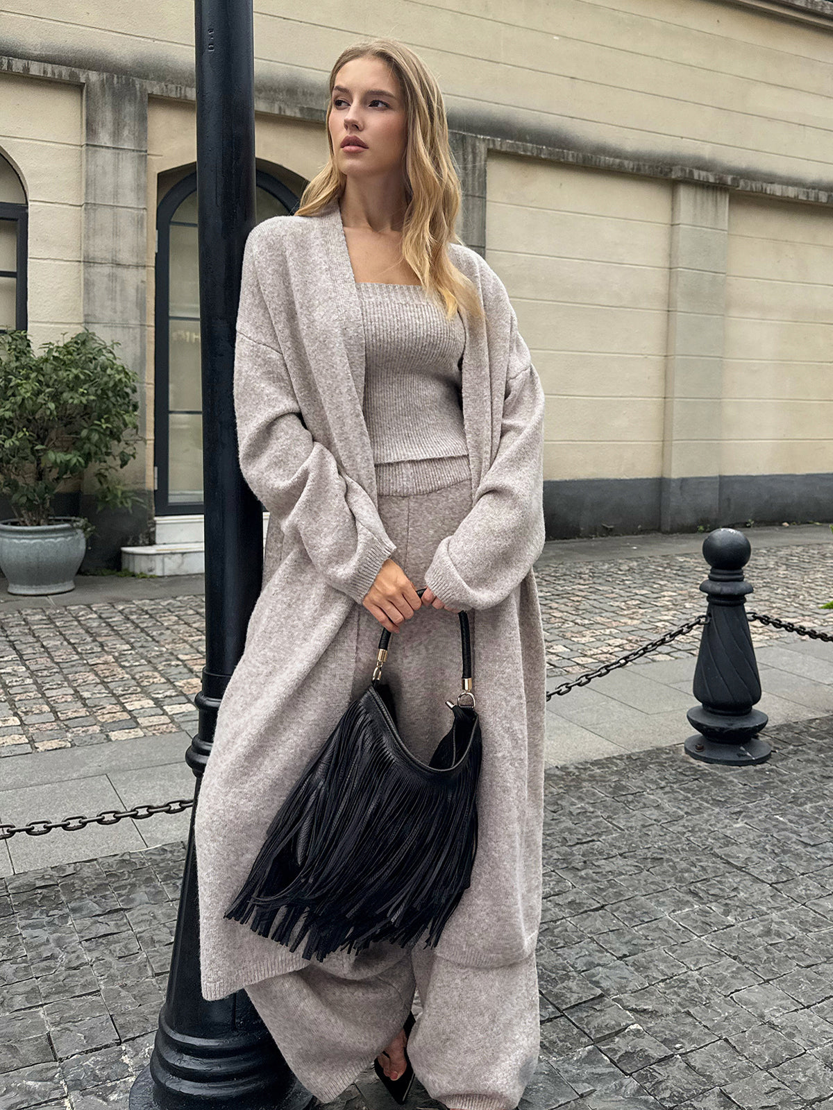 Chic Three-Piece Knit Cardigan and Bustier Ensemble with Pants
