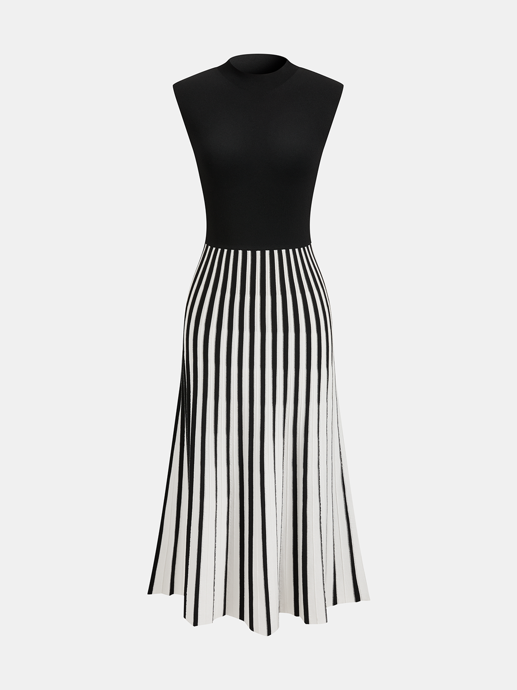Striped Midi Dress with Sleeveless Mock Neck Design