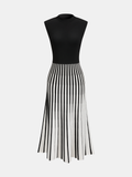 Striped Midi Dress with Sleeveless Mock Neck Design